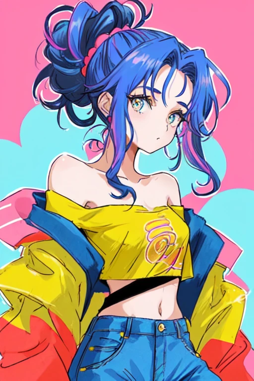 Hot girl with her hair tied up in a messy bun, colourful hair, arched back, two strands of hair down the front, curvy, slim, medium breasts, bold, off shoulder crop top, strapless, soft colours, small shorts, anime style