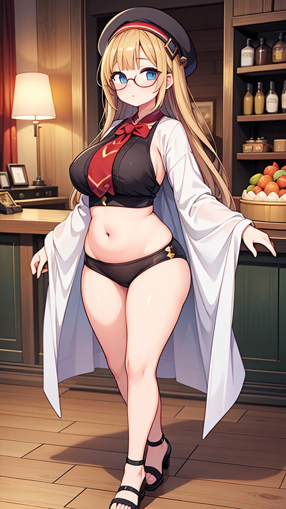 1girl, full body, glasses, an image of a merchant girl with a jiggly fat belly