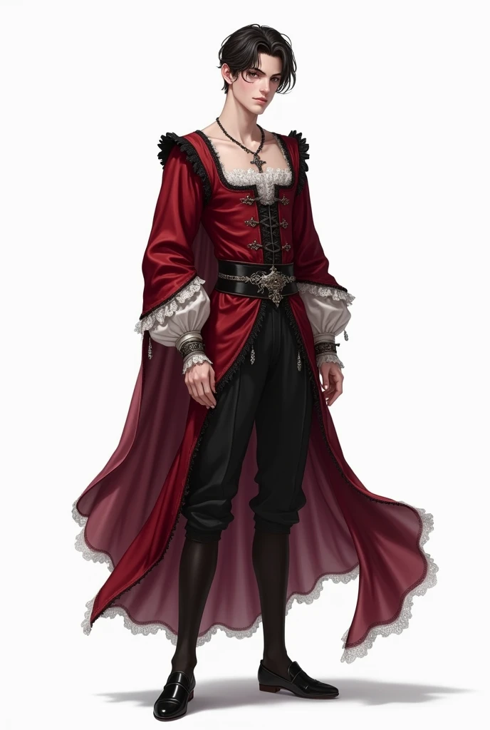 Whole body, Slim young man,ballet square neck shirt,bordados de crows de encaje pequeños,silk fabric, silver jewelry,along with pants with a skirt behind, medieval, silver jewelry, Principle,wine red colors with black, white,ancient heramonal, delicate, Royals, delicate, Simple, fondo white, vista Whole body, Silk fabrics with ruffles, lace, ballet shoes, crows