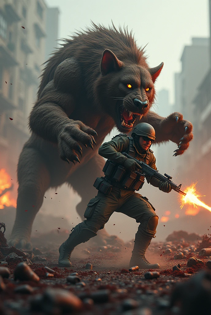 Animal vs human fighting bloody war in with guns . Background full of war scenario blood dead bodies realistic war ground fire