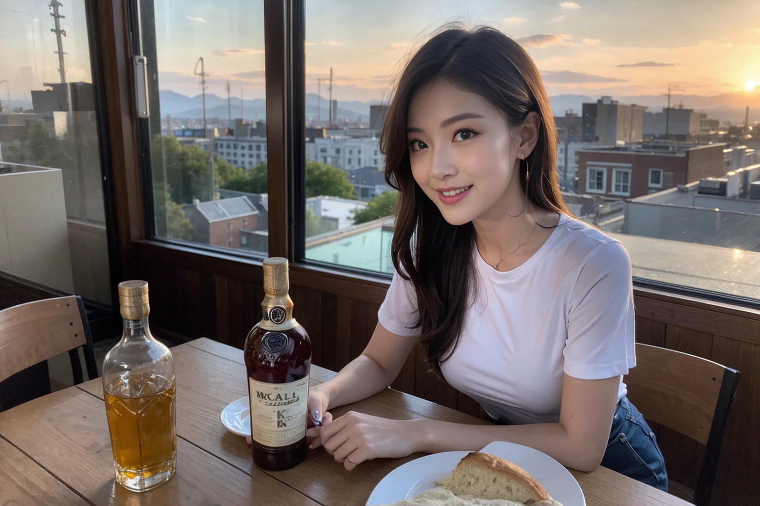 ((Highest quality、8k、masterpiece:1.3))、Whiskey bottles、The Macallan、Joni Black、Old Parr、whiskey、Suntory、Nikka、Slim Couple、modelカップル、(Realistic, Intricate details:1.2), full-course dinner、Whiskey bottle and glass on the table、Single Malt、scotch、Rocks glass、Shot Glass、On the rock、Scotland、Amazing view of the sunset sky and clouds、A bright smile、Short sleeve shirt、dress、 (Age 44), 3,Two beauties、Brown Hair、Shortcuts、 actress, model, Upper Body,