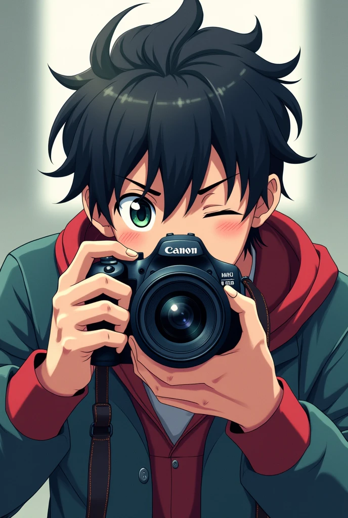 An anime man trying to take a picture of me with a canon camera  (the camera is in front of his face looking through the view finder) the eyes is covered with the camera, so the left eye is in front of the view finder and the right eye is closed (the photo is medium shoot)