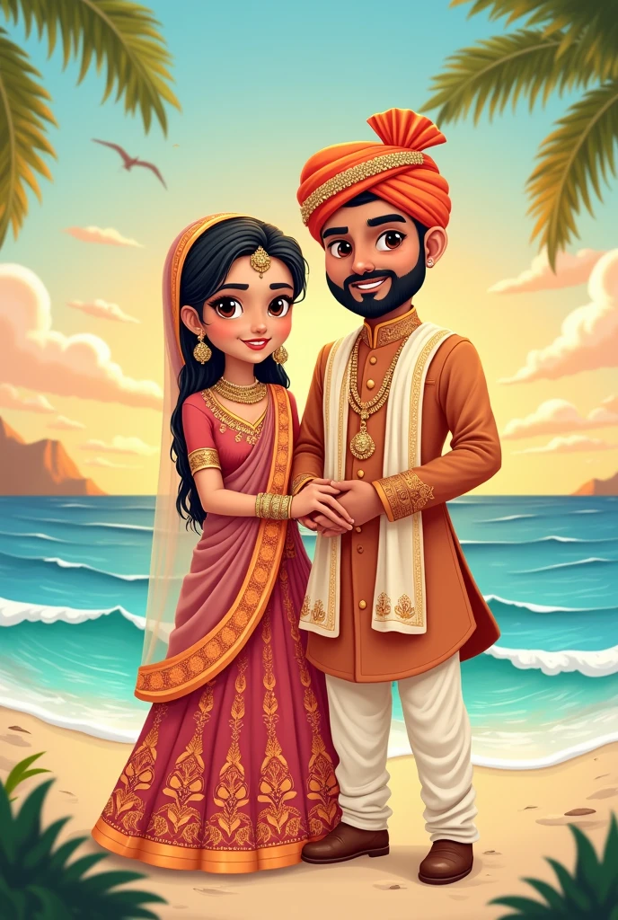 A slight cartoonish style image of An indian punjbi couple in their wedding dress standing beside a beach