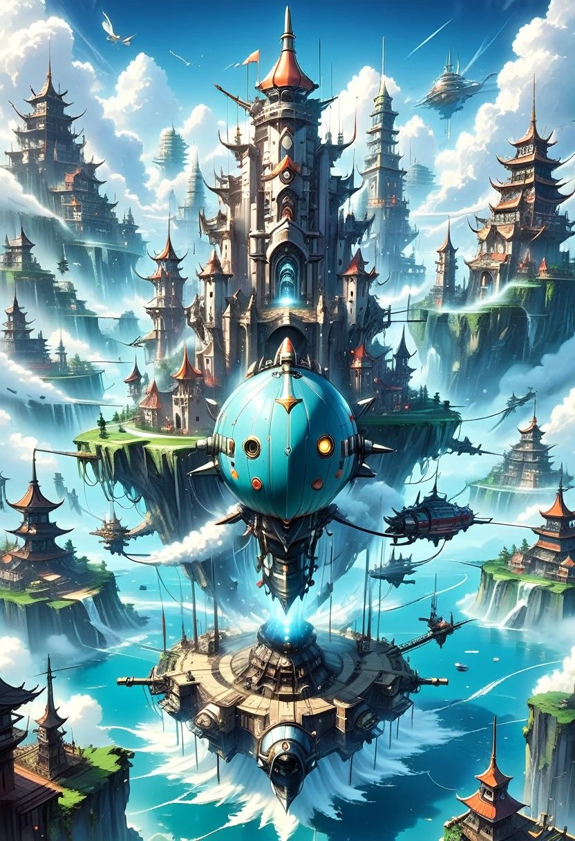 High angle,(Aerial city with flying islands),Remains,sea of clouds,airship,The World of Soratorobo,water is gushing out,Artillery battery,Fusion with fantasy,Castle in the Sky,magic,suspicious,See through,