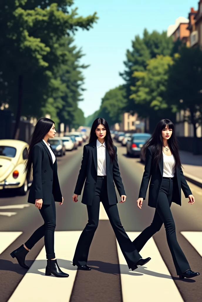 (photorealism:1.2), an image that resembles the iconic album cover of the beatles "abbey road", (solo) 3 woman with long black hair, wearing a black jacket, white shirt, black pants, black shoes, walking across the zebra crossing in abbey from left to right with her head turned towards the cameraman, there is a classic white Volkswagen Beetle parked on the road on the left and further down the road on the right side there are more cars and trees lining the road. This image is very famous and often imitated in popular culture,