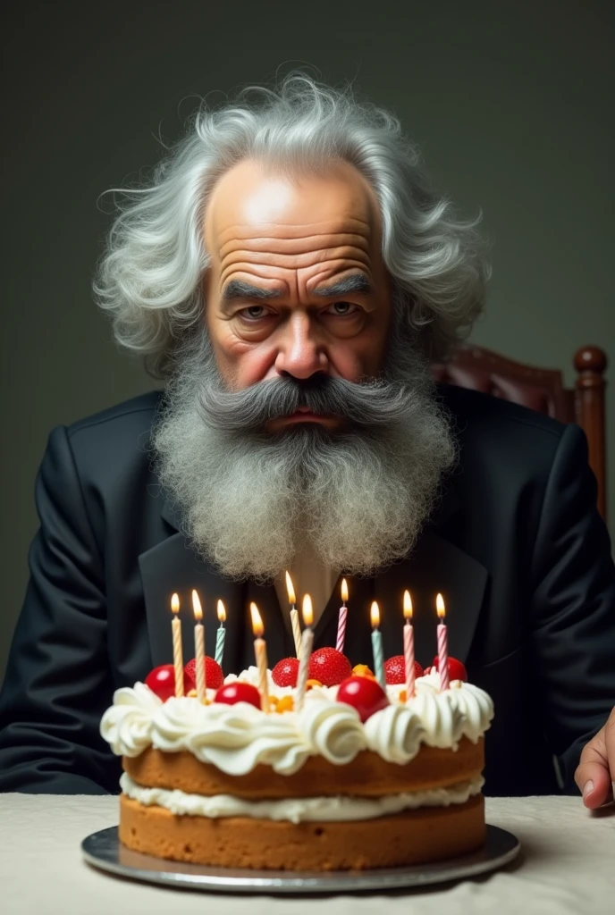 Karl Marx is Sitting there with a Birthday cake and he critizes Birthday as Events for capitalism