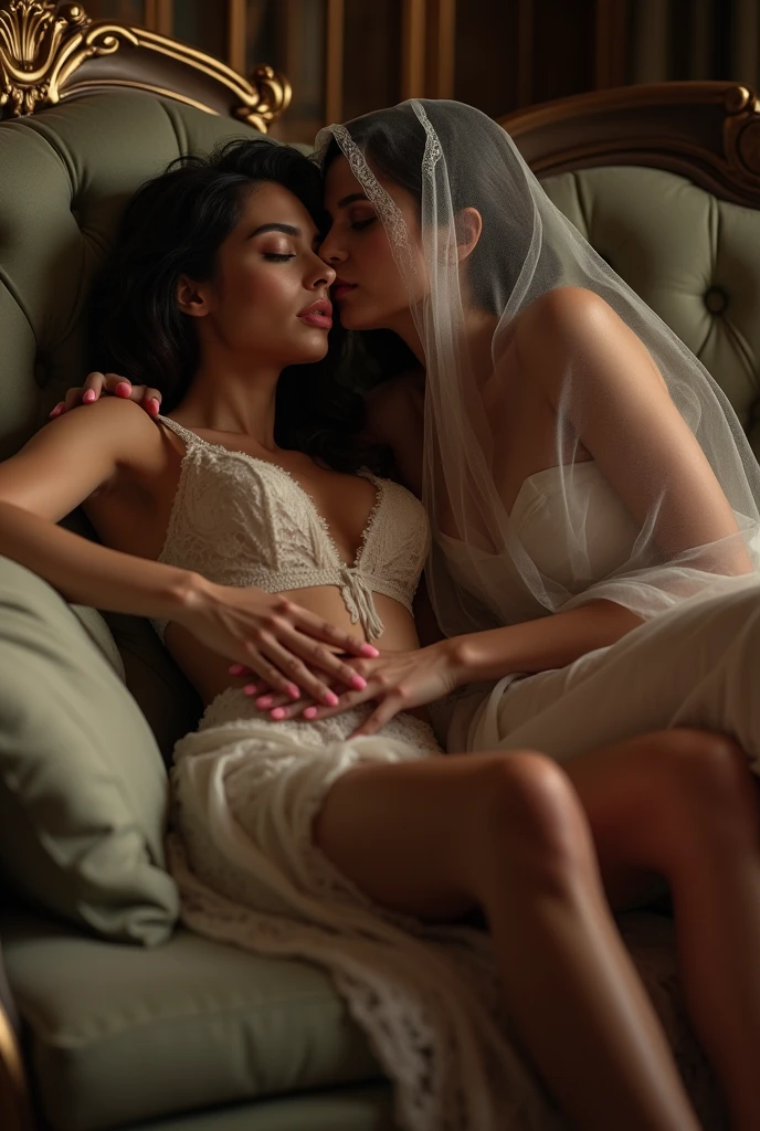 Licking the toes of a veiled woman by another woman on the sofa