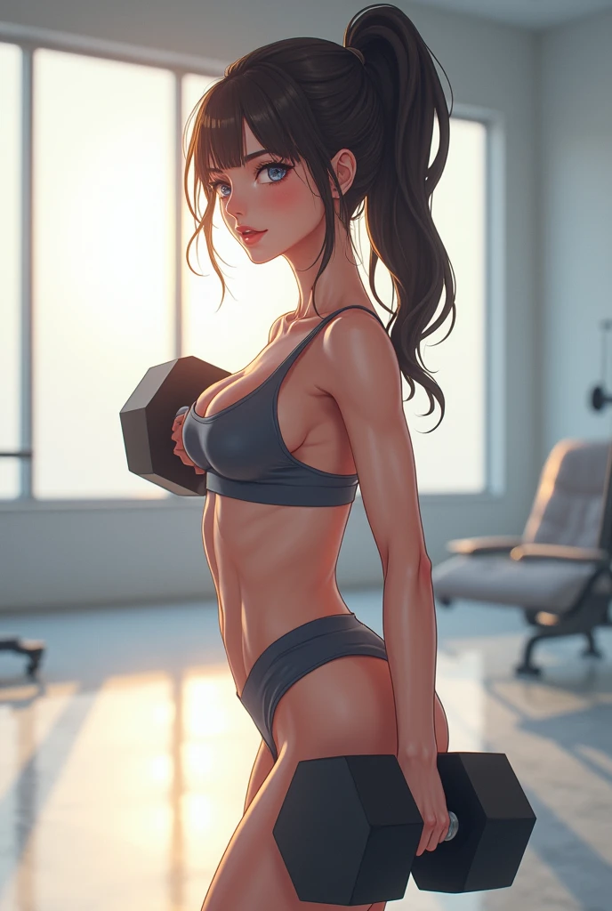 Single Women lifting dumbbells anime slimfit beautiful
