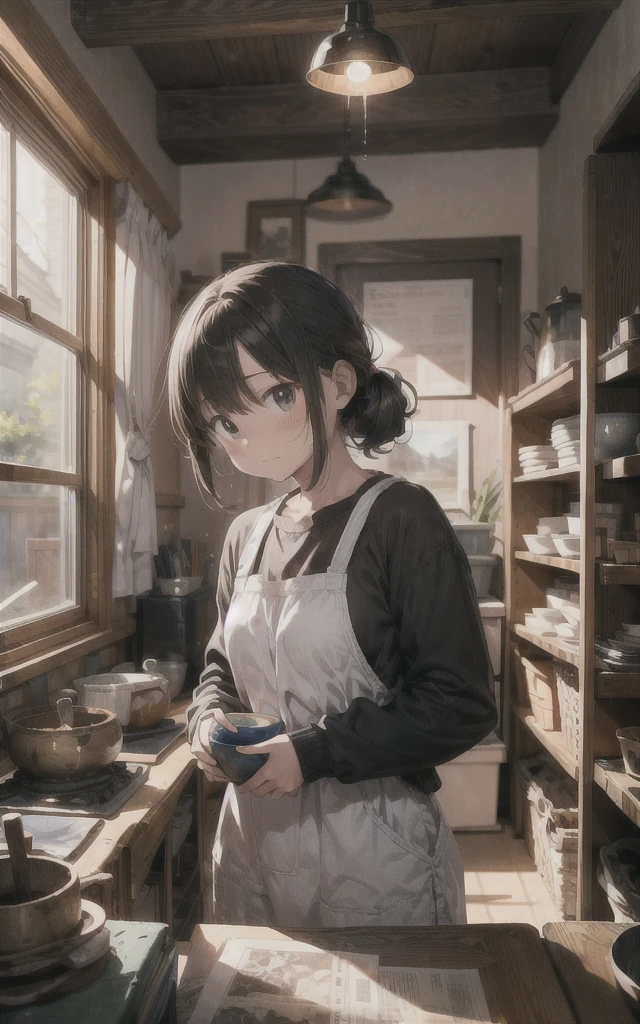 "A potter's hands gently cradling a luminous, newly fired vase. The vase emits a soft glow, reflecting years of skill in its perfect form. Swirls of creative energy surround the scene."
theme：The culmination of master craftsmanship