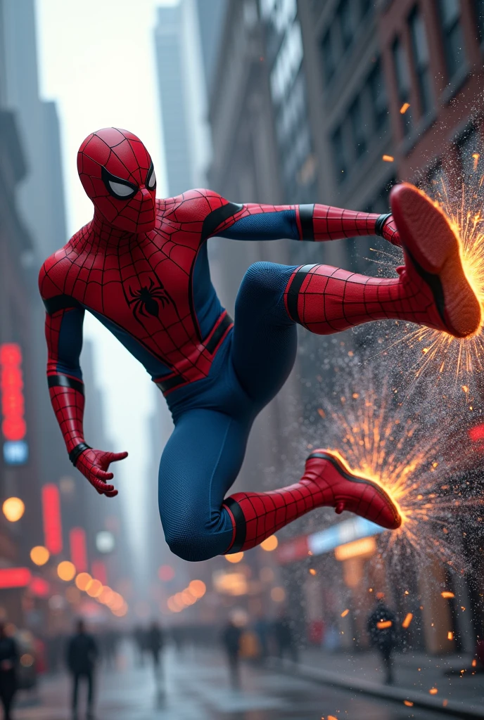 Action Shot: Spider-Man performs a spinning kick, landing a hit]