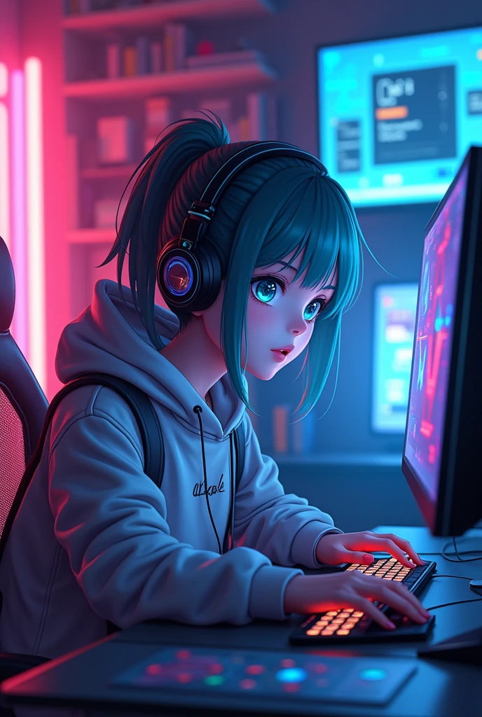 "Create an image of a teenage anime character sitting at home in front of a high-tech PC setup. The room is bathed in vibrant neon lighting with glowing accents, giving it a futuristic and dynamic feel. The character is focused on the screen, surrounded by sleek gadgets and ambient light."