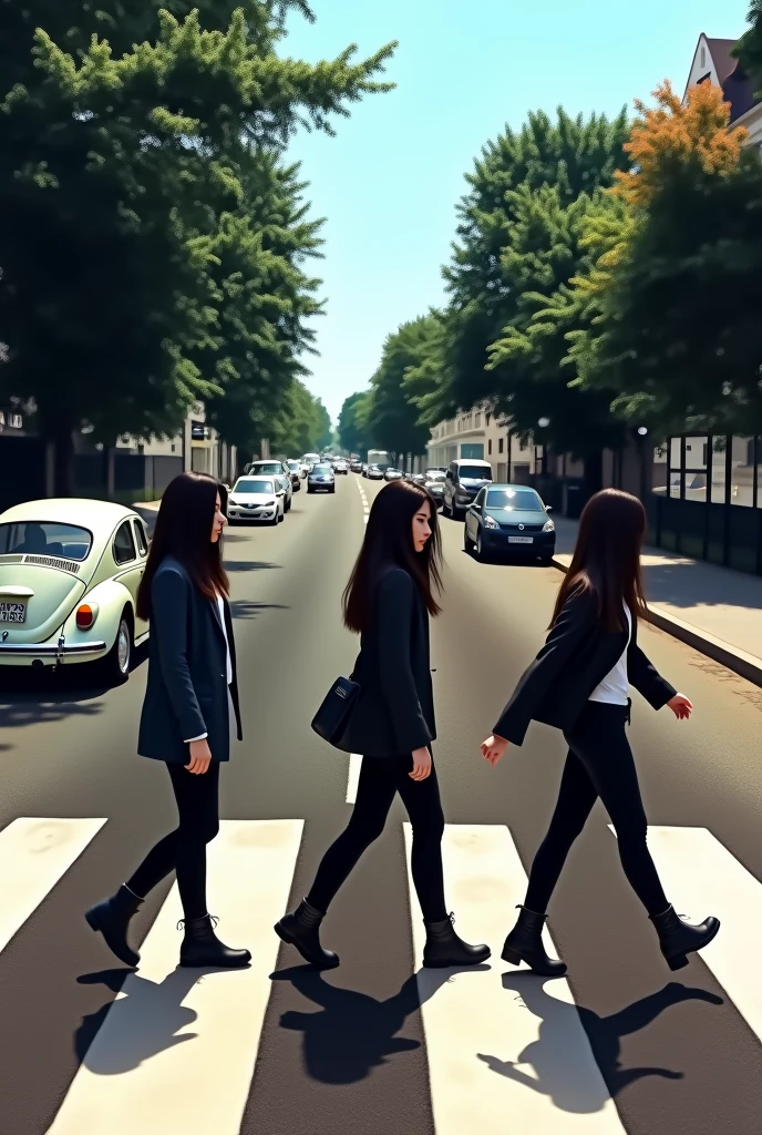 (photorealism:1.2), an image that resembles the iconic album cover of the beatles "abbey road", (solo) 3 woman with long black hair, wearing a black jacket, white shirt, black pants, black shoes, walking across the zebra crossing in abbey from left to right with her head turned towards the cameraman, there is a classic white Volkswagen Beetle parked on the road on the left and further down the road on the right side there are more cars and trees lining the road. This image is very famous and often imitated in popular culture,