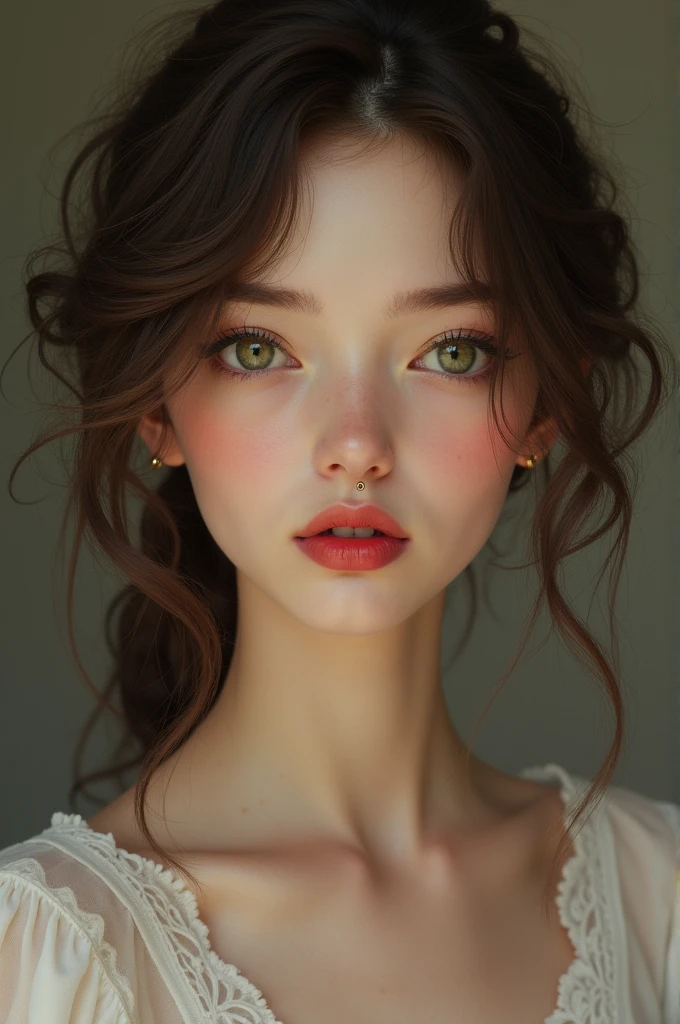girl with:
• Shoulder-length brown curly hair • Green eyes • Upturned nose • Thin crimson lips with a cupid's bow • 2 moles on the cheek • Long eyelashes • Slightly pronounced cheekbones • Full eyebrows • Medium-sized ears • Swan-shaped neck • Pronounced collarbones • Slim build • Long legs • Thin thighs • White, non-pale skin • Thin hands and fingers • Piercing on the top of the ear