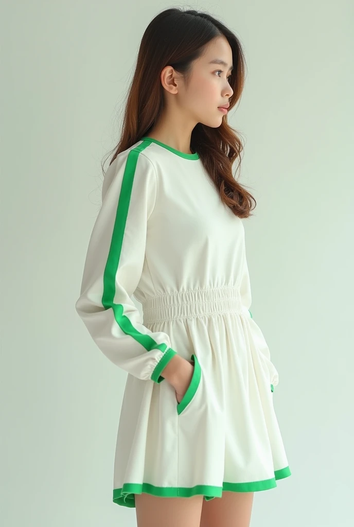 A white mini dress with green linings for teenage girls
*skirt-like bottom
*longsleeves top
Image