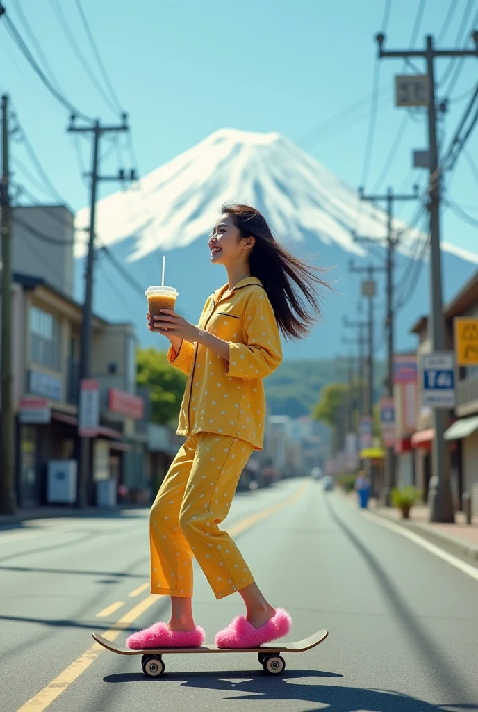 A pretty asian woman, wearing yellow polka dots pajamas and fluffy pink slippers, holding boba tea, skateboarding across the street ,bend knee,spreading arms,at a street scene with the Mount Fuji which its snow capped peak is visible. An empty urban street lined with commercial buildings. Some utility poles and overhead wires crisscross above the street. In stark contrast to the urban foreground Mount Fuji rises in the background. Hyperrealistic , profile view, telephoto lens, ground level, HDR.