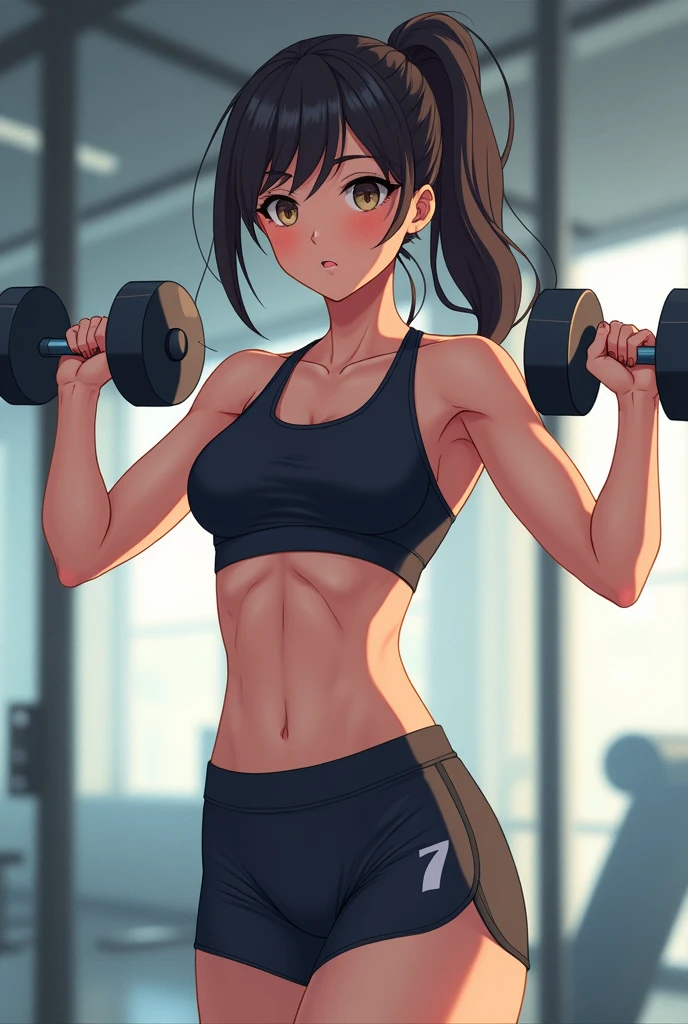 Single Women lifting dumbbells anime slimfit beautiful with gym outfit
