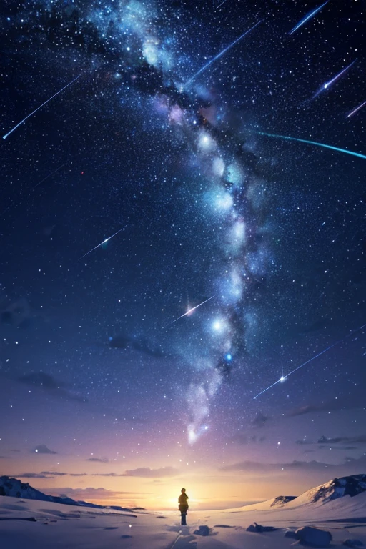 8k,非常に精細なCGユニットのwallpaper, masterpiece,High resolution,Highest quality,Highest quality real texture skin,Surreal,Increase the resolution,RAW Photos,Highest quality,Very detailed,wallpaper,Cinema Lighting,Ray-tracing,Golden Ratio, break ,Many stars shine beautifully in the winter night sky., Long exposure of the starry sky、Many circular orbits are visible in the image., I put my hands in my coat pockets and look up at the stars、Cute young woman silhouette, Photo taken from a distance, Picture below, Beautiful kaleidoscope-like multiple exposures overlapping each other