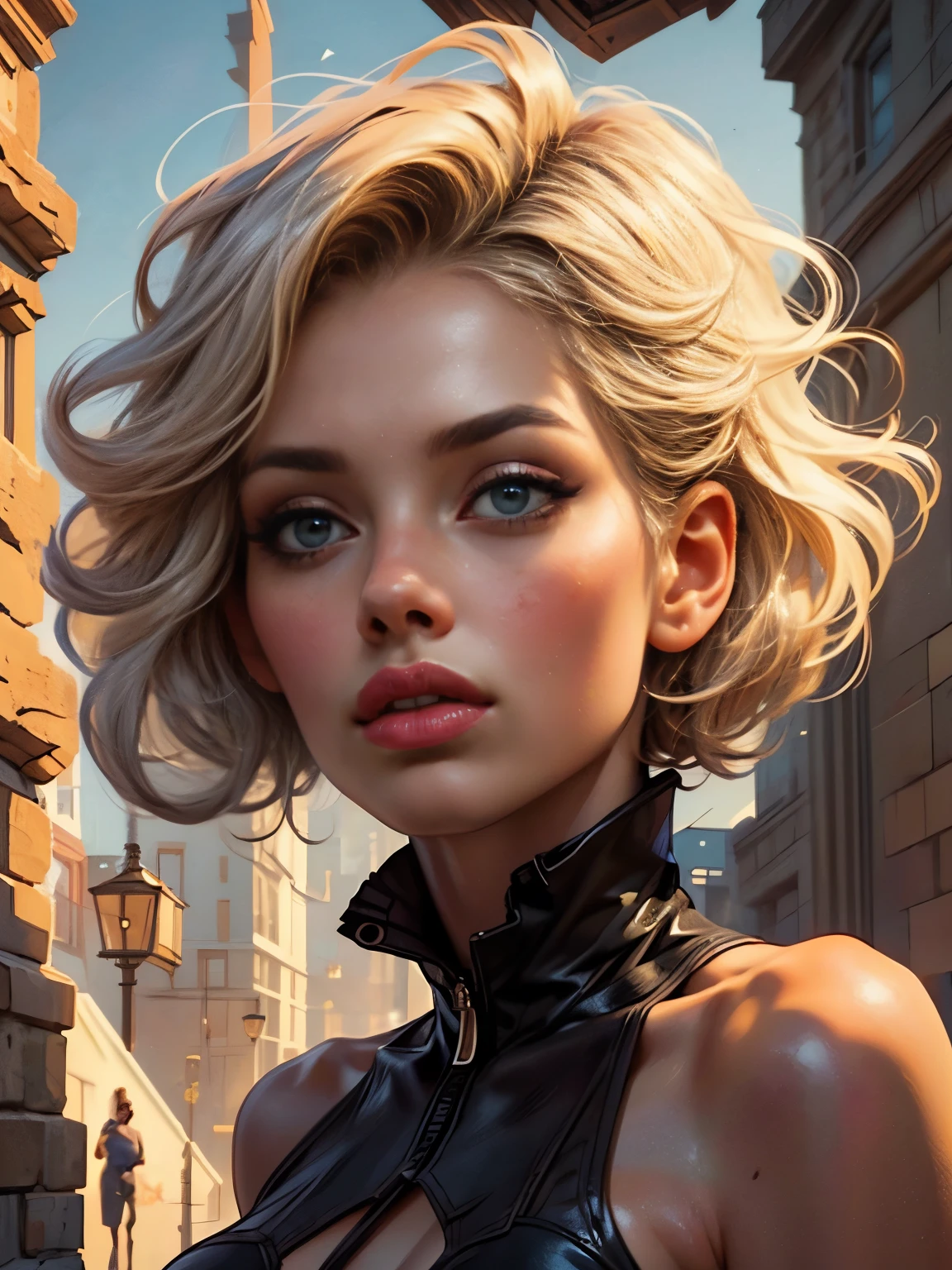 full body image (woman, beautiful, Short hair, undercut, witch, magic, sexy, big breasts, Open shoulders, open chest, building muscle, Six-pack abs, play, Detailed portrait (Masterpiece movies, high definition 4k 8k, highest quality:1.2) Excellent details (TRUE, TRUE, TRUE.:1.37) Dynamic action gestures, dynamic light, movie elements, highly detailed face features, Highly detailed eyes and face, Long eyelashes, chiaroscuro light, Stunning shadow, Striking color palette, Bright colors.
