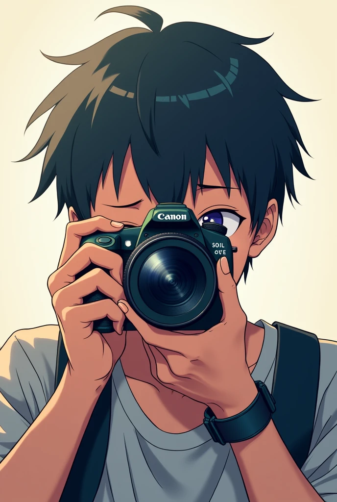 An anime man trying to take a picture of me with a canon camera  (the camera is in front of his face and his eye looking through the view finder) the eyes is covered with the camera, so the left eye is in front of the view finder and the right eye is closed (the photo is medium shoot)