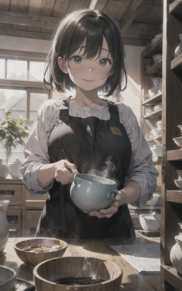 "An elderly potter stands before a massive kiln, tears of joy in their eyes as they carefully remove a masterpiece tea bowl. The bowl seems to hold the essence of a lifetime's work."
theme：The culmination of a lifetime