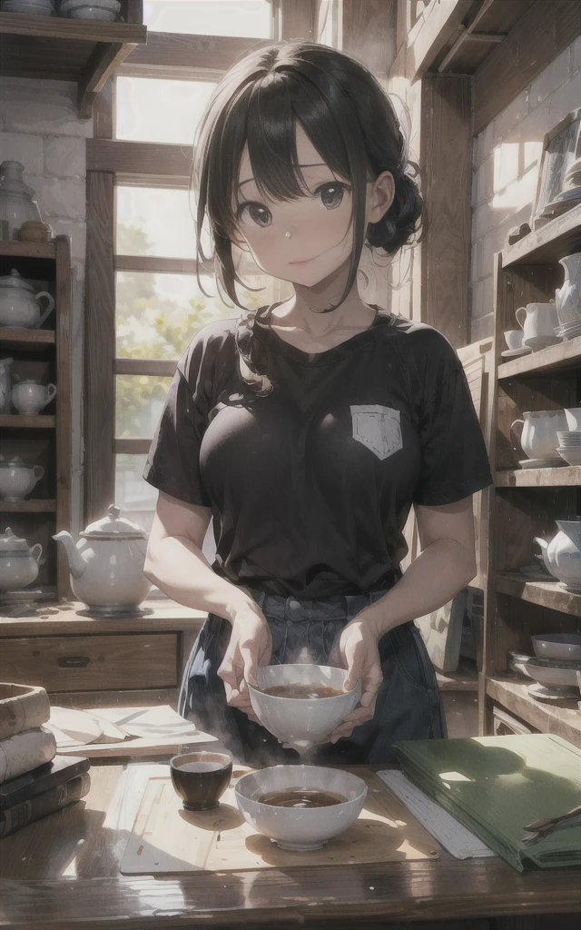 "An elderly potter stands before a massive kiln, tears of joy in their eyes as they carefully remove a masterpiece tea bowl. The bowl seems to hold the essence of a lifetime's work."
theme:The culmination of a lifetime