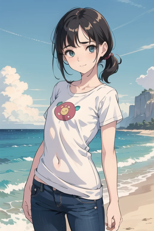 1girl, cute girl, solo, a junior student girl, ((petite body, girlish fleshy body:1.3)), small breast, dynamic pose, 
(tareme, down-turned eyes, short eyes:1.5), (oval face, droopy eyes:1.4), grey-green eyes, eye highlights, blush, smile 
BREAK Forehead, flat hair, straight hair, no bangs, center parted forehead, side swept to backward, low ponytail, medium hair, black-hair, 
White T-shirt, denim hot pants 
BREAK Masterpiece, best quality, 4K, HDR, realistic lighting, soft lines, from front, cowboy shot, beachside background, perfect anatomy, perfect body, perfect hand, perfect face, 