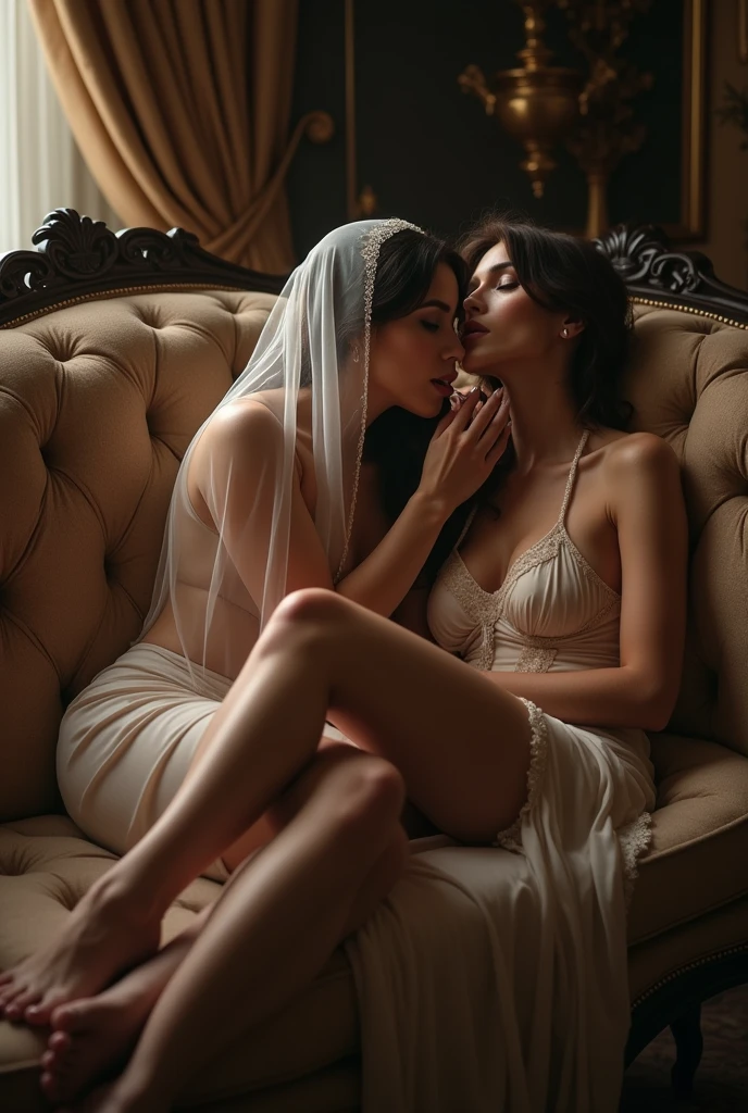 Licking the toes of a veiled woman by another woman on the sofa
