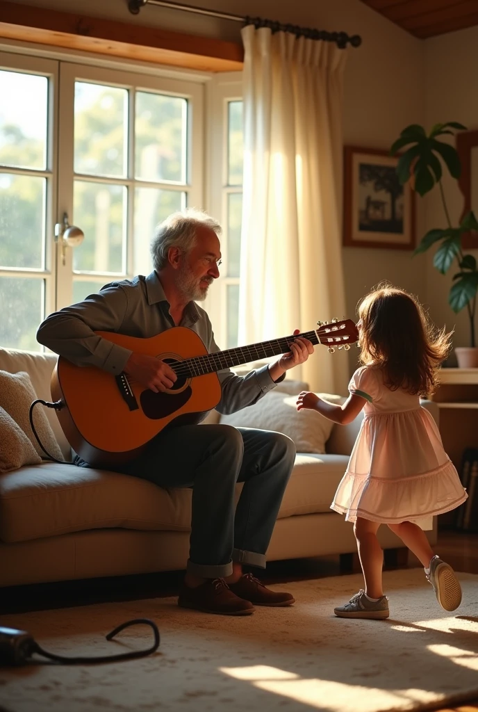 a man around 40 playing guitar while her daughter is dancing