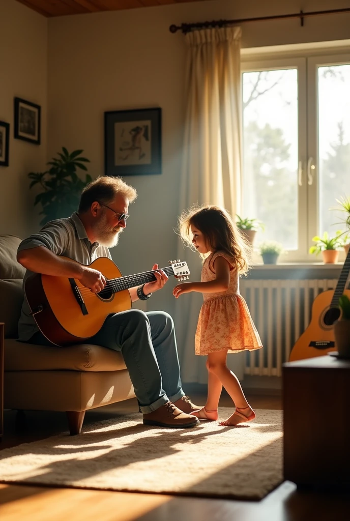 a man around 40 playing guitar while her daughter is dancing