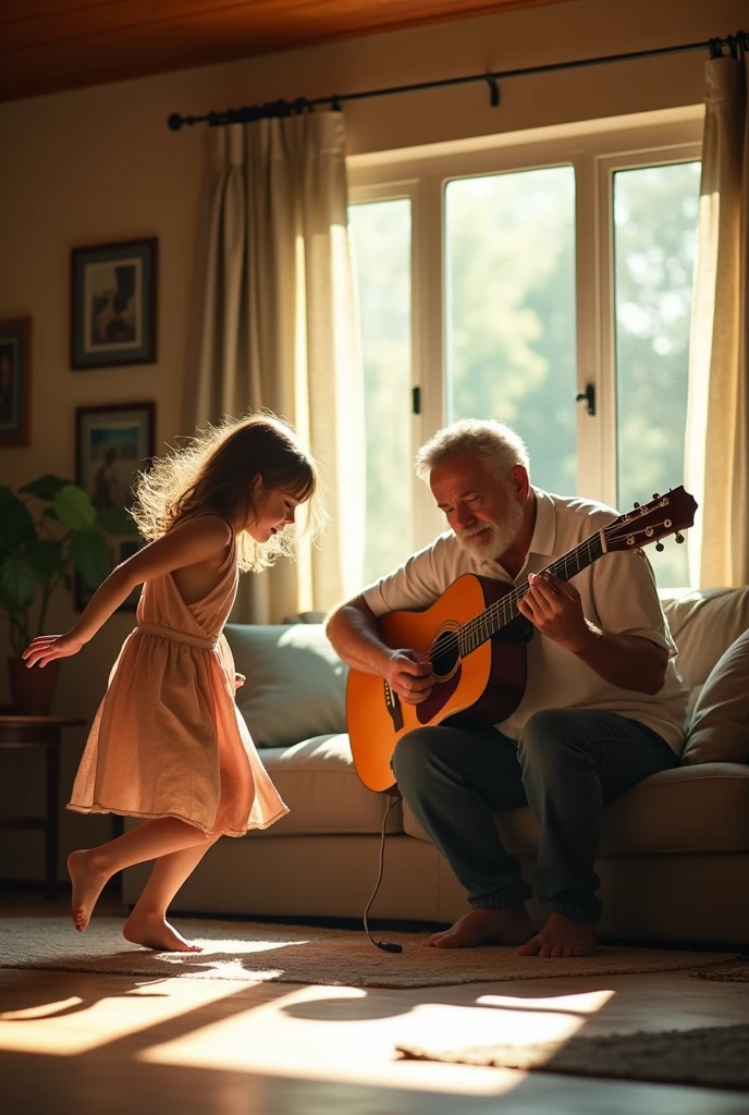 a man around 40 playing guitar while her daughter is dancing