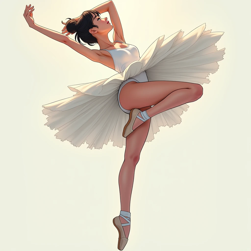 anime Illustration of a ballerina, white costume, tutu, camera perspective from underneath her thighs, showing pelvis, low shot, exposed thighs, raising arms and legs, low camera angle, showing from underneath tutu skirt, shot angle from underside, one leg raised up high, inner thighs, underwear