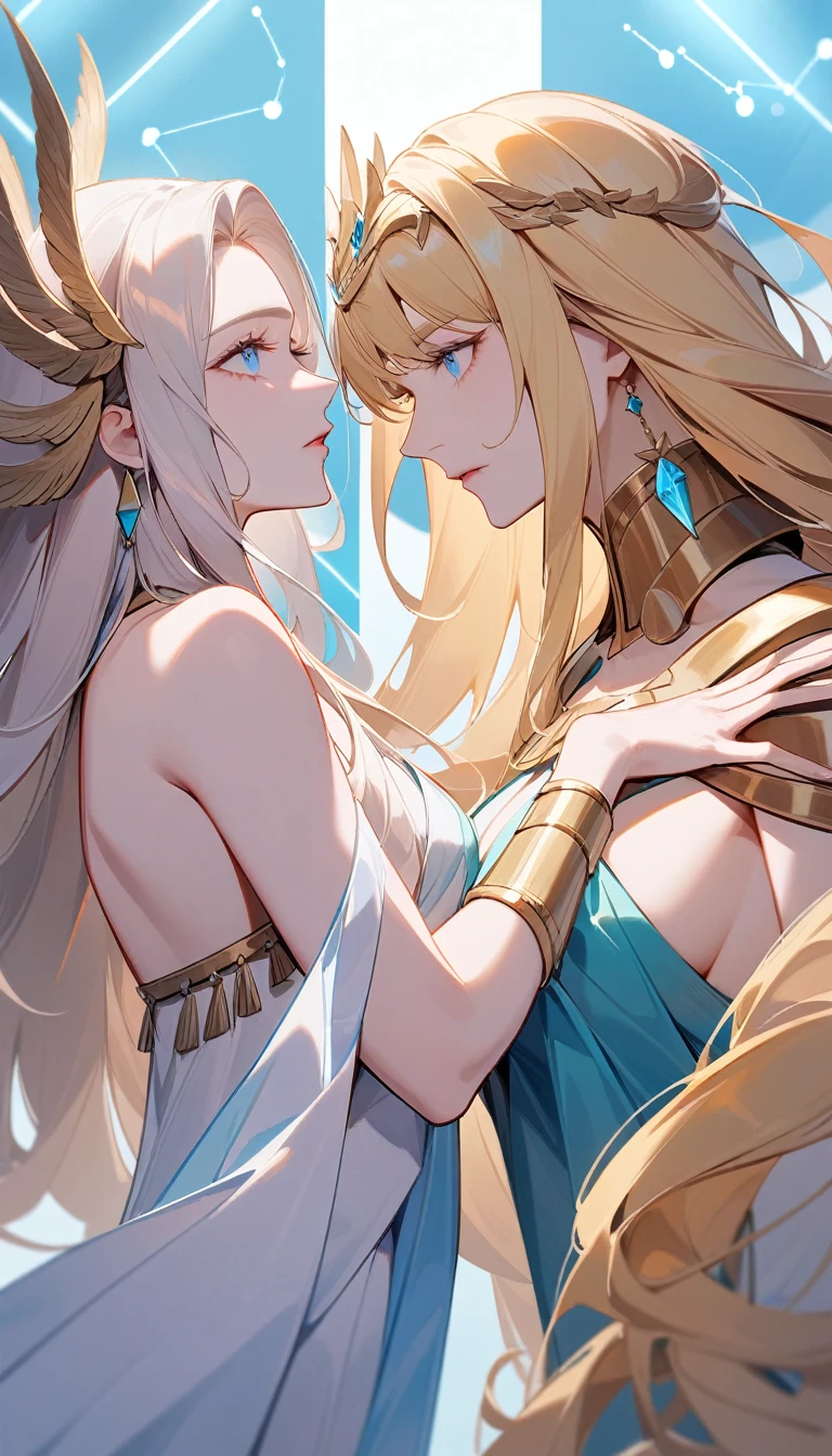 （Huang Li、high quality、Extremely detailed），Constellation - Gemini Goddess，A pair of sisters，Two goddesses face to face，Similar to Latin goodness，brave，capricious，Productivity，The face of enterprising and humanitarianism，Blonde Hair，Ancient Greek costumes、Wrap Dress，background is heavenly，Light crystal blue eyes（Eyes Details），Powerful appearance