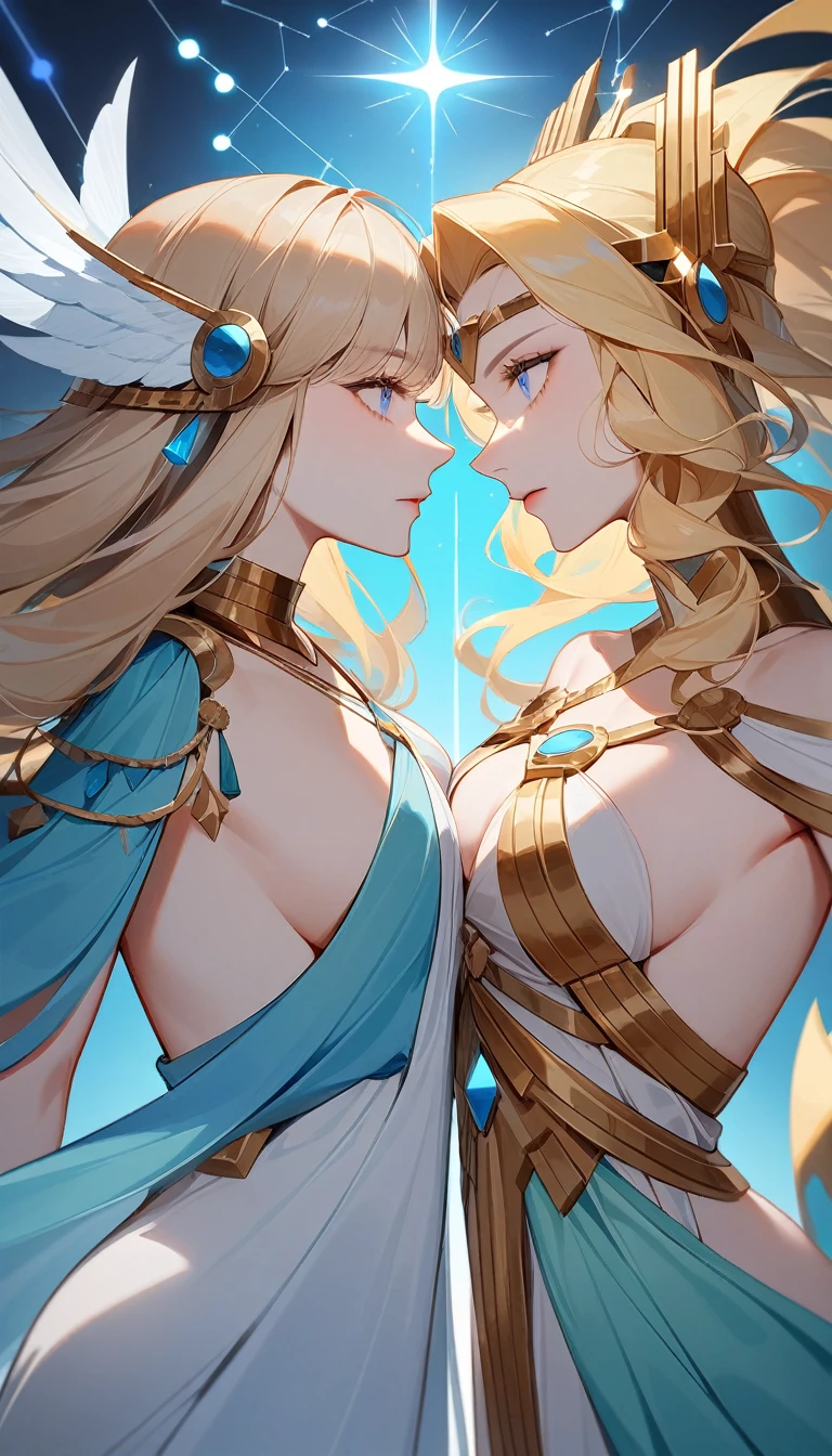 (Huang Li、high quality、Extremely detailed),Constellation - Gemini Goddess,A pair of sisters,Two goddesses face to face,Similar to Latin goodness,brave,capricious,Productivity,The face of enterprising and humanitarianism,Blonde Hair,Ancient Greek costumes、Wrap Dress,background is heavenly,Light crystal blue eyes(Eyes Details),Powerful appearance