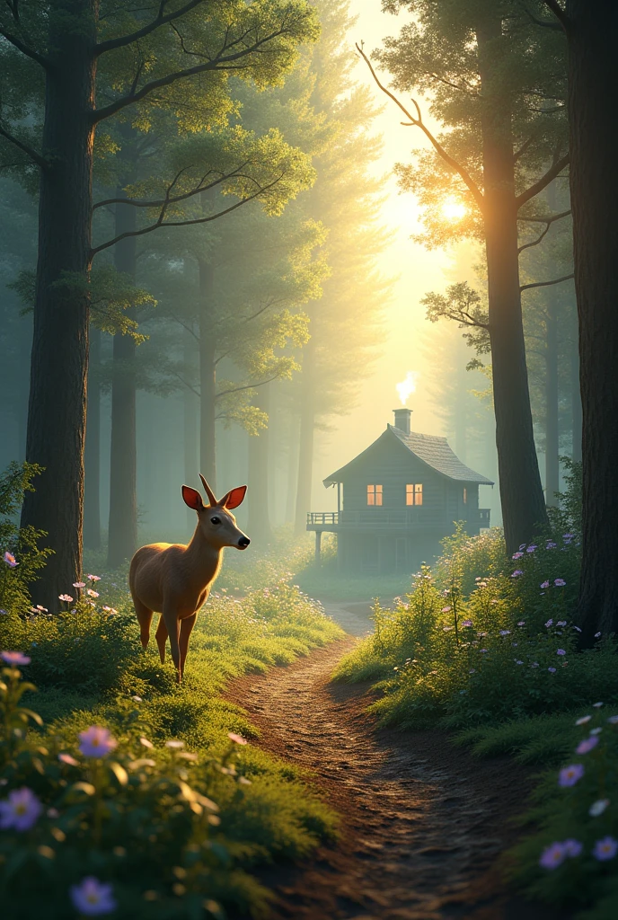 (photorealism:1.2), A serene forest at dawn with soft golden sunlight filtering through the dense canopy of tall trees. The ground is covered in a thick layer of moss and dotted with small wildflowers in shades of purple and white. A gentle mist rolls in, giving the scene a mystical atmosphere. In the distance, a narrow, winding path leads to a hidden wooden cabin with smoke gently rising from its chimney. A deer with a calm expression stands at the edge of the path, gazing into the forest