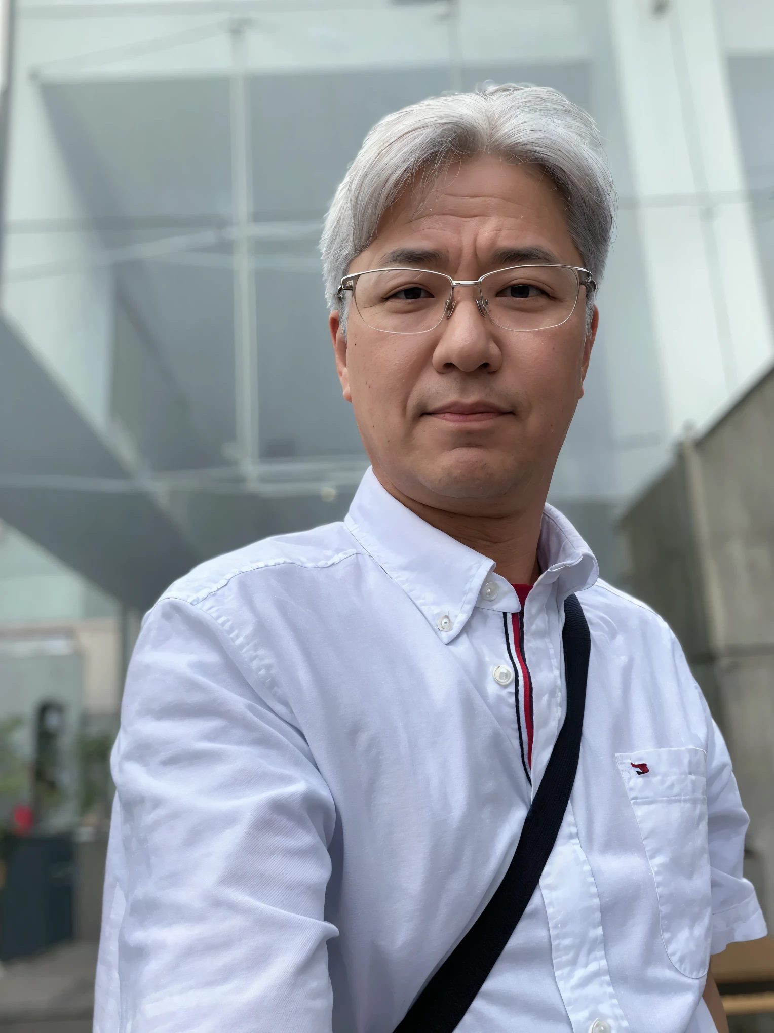 ((Highest quality)),((masterpiece)), Japanese,anime,male,Gray Hair,Glasses,White shirt,cool,From the chest up,The background is a park,front
