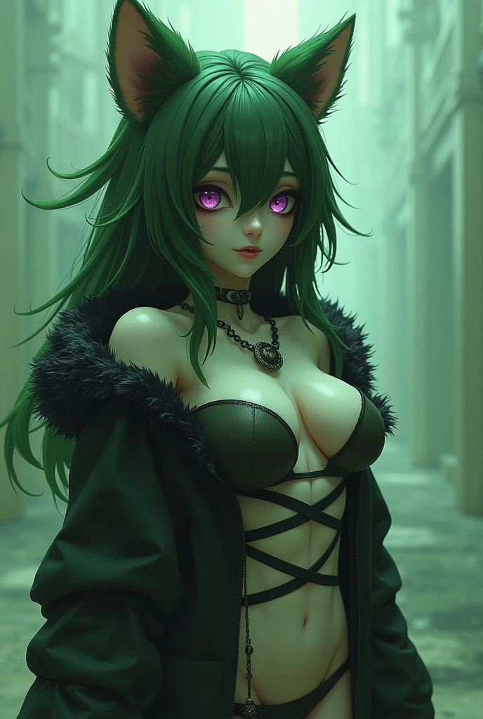 culpable (Assent), green fur, High resolution, 1 girl, purple eyes, two tone hair, looking at the viewer, very by the wide, hair between the eyes, huge breasts, black fur, absurdities, big breasts, Brown hair, Body blanco, straightjacket, arms behind the back, by the wide,score_9, score_8_above,score_7_above, masterpiece, Best Quality, perfect anatomy, very aesthetic, 8k