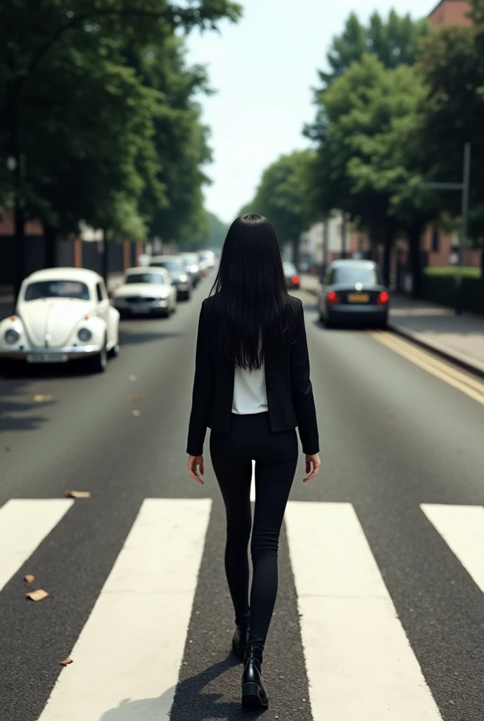 (photorealism:1.2), an image that resembles the iconic album cover of the beatles "abbey road", (solo) woman with long black hair, wearing a black jacket, white shirt, black pants, black shoes, walking across the zebra crossing in abbey from left to right with her head turned towards the cameraman, there is a classic white Volkswagen Beetle parked on the road on the left and further down the road on the right side there are more cars and trees lining the road. This image is very famous and often imitated in popular culture,