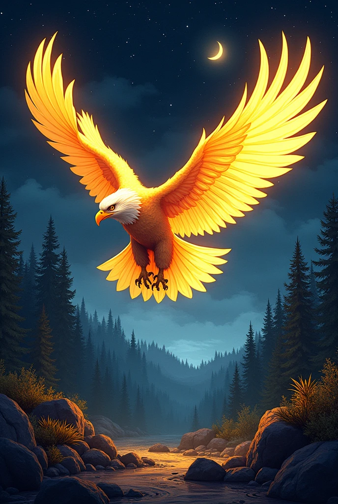 An eagle with bright golden feathers flying at high speed in the night illuminating the entire forest, The animals, plantations and trees. the sky has a small moon, but quite starry, I want vibrant and very eye-catching colors, comic book style. 