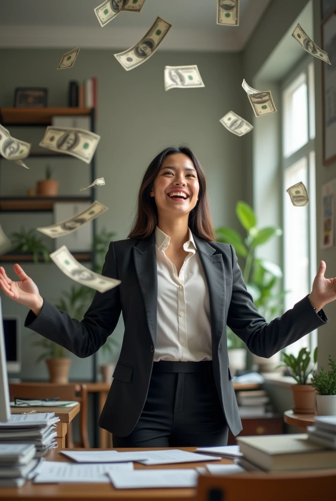 A beautiful Thai female trader smiles happily, has a computer, is a stock trader, looks up, spreads her arms, waits to receive money, with a lot of money falling from the sky, at home.