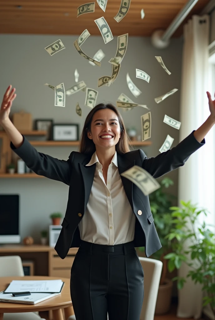 A beautiful Thai female trader smiles happily, has a computer, is a stock trader, looks up, spreads her arms, waits to receive money, with a lot of money falling from the sky, at home.