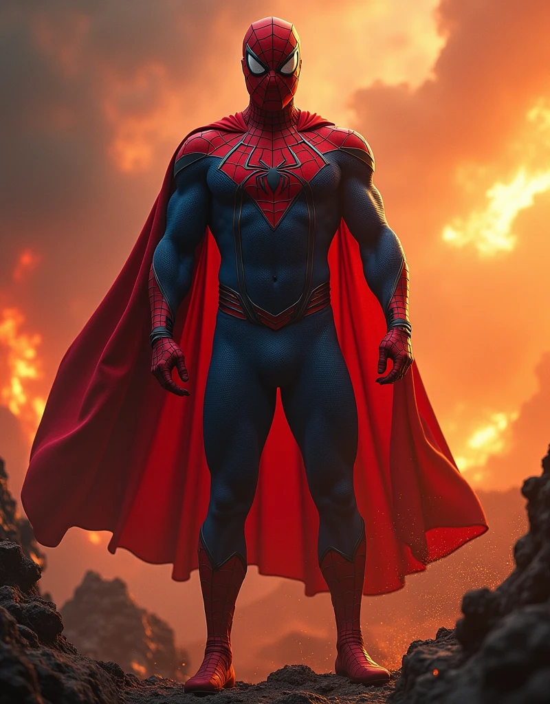 Spiderman with Superman&#39;s clothes, in the land of fire