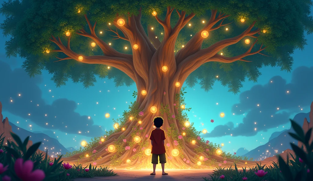 Discovering the Enchanted Tree
Mohan standing in awe before a large, glowing tree with shimmering leaves and radiant fruits. The tree emits a magical aura, and its roots are intertwined with colorful flowers and sparkling lights 3d animated 