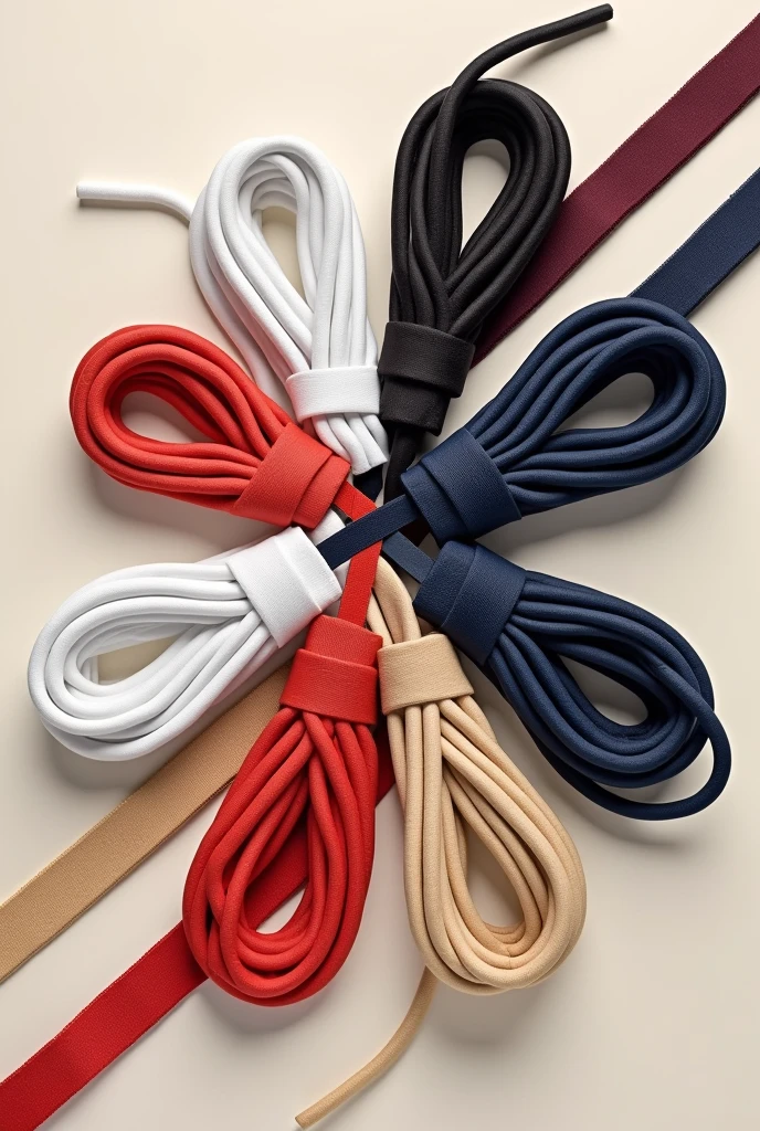 Can you create a beautiful poster with shoe laces?, des lacets plat, des lacets rond, white in color, red in color, black in color, burgundy color, navy blue in color, beige in color