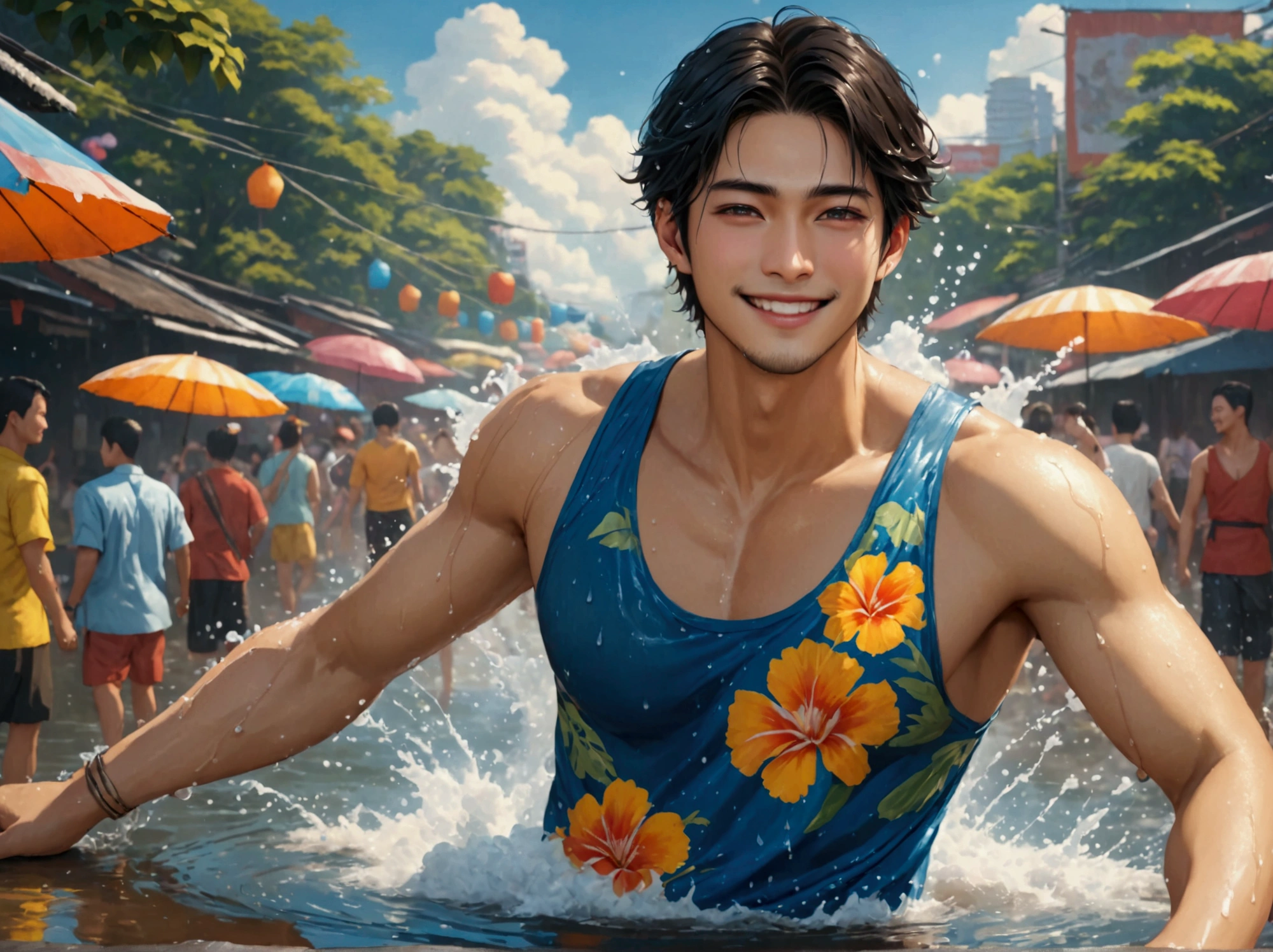 Japanese,2 , handsome， the weather is summer，Wear summer sex clothes，For example, top tank（Super detailed, Realistic, best quality, 4K, 8k, High resolution, masterpiece:1.3)The background is Bangkok, Thailand， the Water Splashing Festival，wet，happy with smile