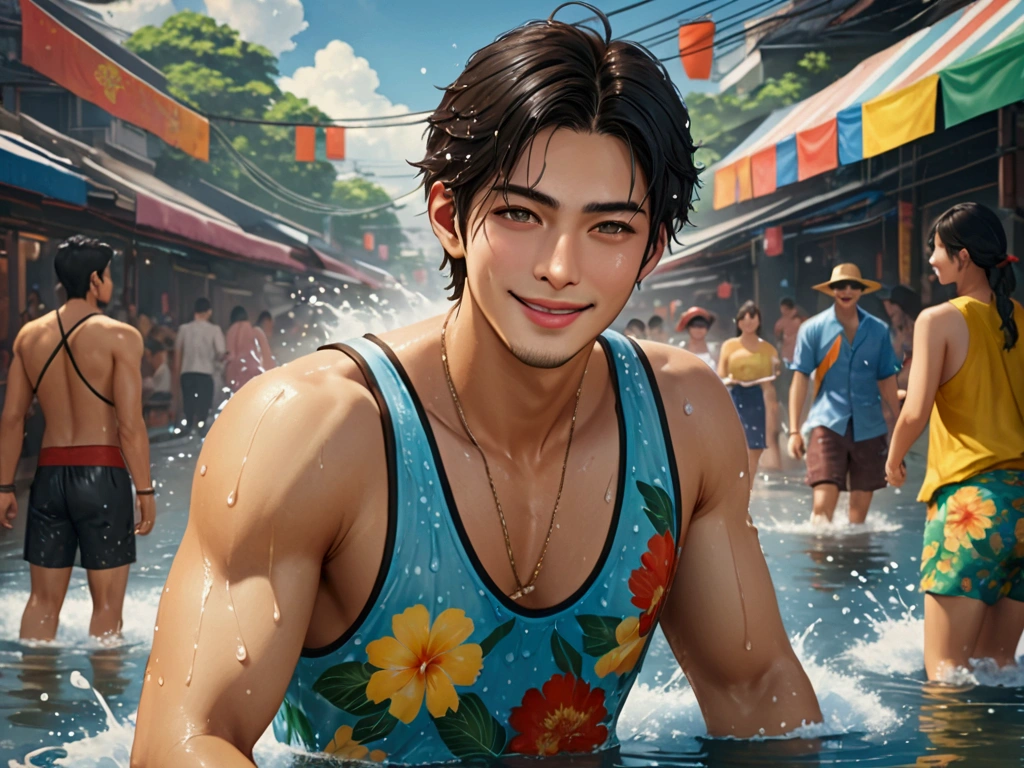 Japanese,2 , handsome, the weather is summer,Wear summer sex clothes,For example, top tank(Super detailed, Realistic, best quality, 4K, 8k, High resolution, masterpiece:1.3)The background is Bangkok, Thailand, the Water Splashing Festival,wet,happy with smile