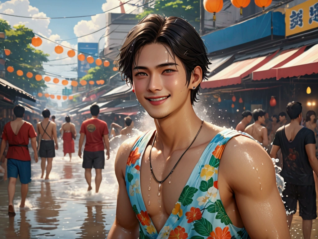 Japanese,2 , handsome, the weather is summer,Wear summer sex clothes,For example, top tank(Super detailed, Realistic, best quality, 4K, 8k, High resolution, masterpiece:1.3)The background is Bangkok, Thailand, the Water Splashing Festival,wet,happy with smile