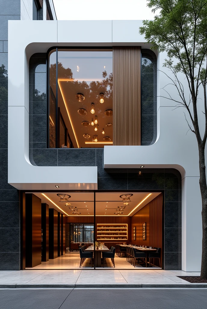 Restuarant facade architecture , a view of parametric 4th floors resturant facade with larg window , main material by glossy white wall and black stone and wood, RAW photo, real, best quality, masterpiece:1.2), look morden parametric , shime ring light, light brighteness from indoor:1.2, dynamic lighting: 1.3, (hyper realistic, photo-realistic:1.2), high quality, day lighht, hight contrast :0.5 perfect lighting, archdaily, award winning contemporary, masterpiece, well-designed masterpiece,
