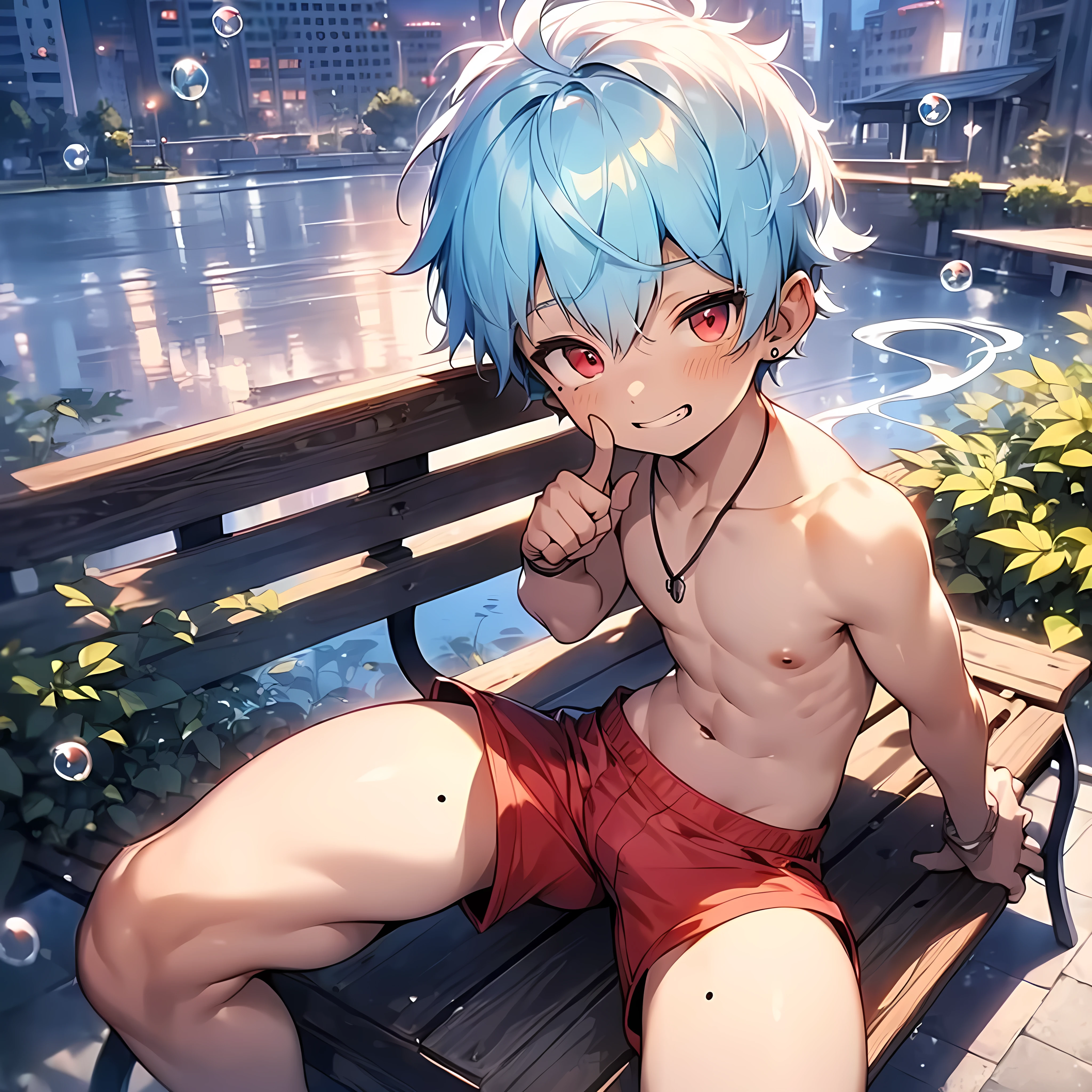 (solo:2), (boldline:-1.8), (smoke:1.6), (arched back:1.2), (((bubble))), (index finger under mouth:1.7), (sitting on bench:1.5), (spread legs:1.5), (((fang))), (((best finger))), (((best hands))), (((best arms))), (((best legs))), BREAK (best quality:1.5), (absolutely resolution:1.5), (ultra detailed:1.5), (masterpiece:1.5), (perfect face), (detailed face), (detailed eyes), (best eyes), (cute face), (shota:2), BREAK (topless:1.5), BREAK (red short pants:1.5), (bulge:1.6), (skinny:1.3), (spiked hair), BREAK (light blue hair:1.5), (wine red eyes:1.4), (eyes with highlight:1.6), ((mole under eye)), (sweaty skin), (light skin), (grin:1.5), ((earrings)), (shiny skin:1.3), BREAK (garden:1.3), (building:1.6), (at twilight:1.5), (frontlighting), ((wind blowing)), (silver ring), (silver necklace:1.1), ((nipple)), (abs), (groin),