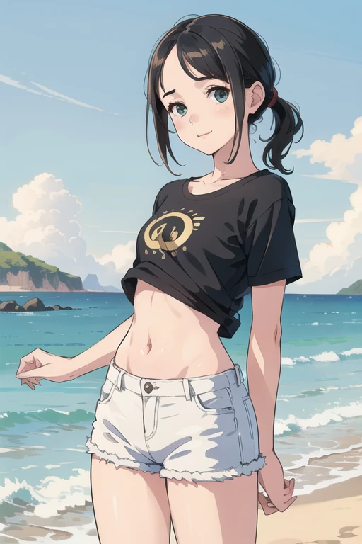 1girl, cute girl, solo, a junior student girl, (petite body, girlish fleshy body:1.3), small breast, dynamic pose, 
(tareme, down-turned eyes, short eyes:1.5), (oval face, droopy eyes:1.4), grey-green eyes, eye highlights, blush, smile 
BREAK forehead, flat hair, straight hair, no bangs, center parted forehead, side swept to backward, low ponytail, medium hair, black-hair, 
White T-shirt, denim hot pants 
BREAK Masterpiece, best quality, 4K, HDR, realistic lighting, soft lines, from front, cowboy shot, beachside background, perfect anatomy, perfect body, perfect hand, perfect face, 