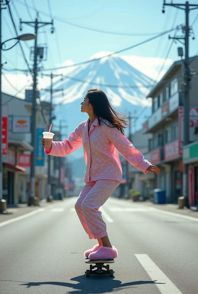 A pretty asian woman, wearing polka dots pajamas and fluffy pink slippers, holding boba tea, skateboarding across the street ,bend knee,spreading arm,at a street scene with the Mount Fuji which its snow capped peak is visible. An empty urban street lined with commercial buildings. Some utility poles and overhead wires crisscross above the street. In stark contrast to the urban foreground Mount Fuji rises in the background. Hyperrealistic , profile view, telephoto lens, ground level, HDR.